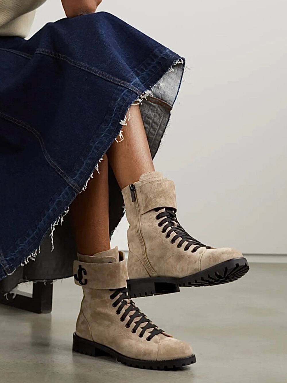 Jimmy Choo Ceirus Flat Combat Boots - Beige Suede Lace-Up Combat Boots